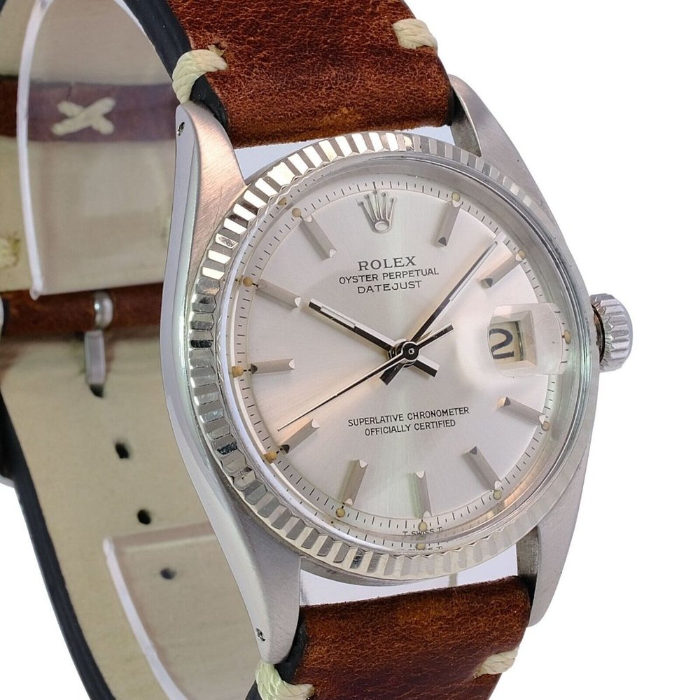 Rolex Datejust Silver Index Dial 18k White Gold Fluted Brown Leather Watch 1601